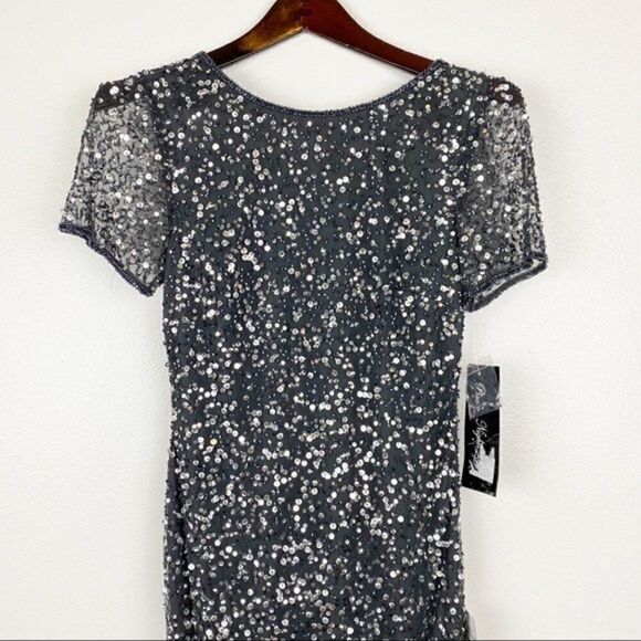Pisarro Nights Beaded Short Sleeve Maxi Dress Evening Gown Gray Size 2 NWT - Picture 3 of 9